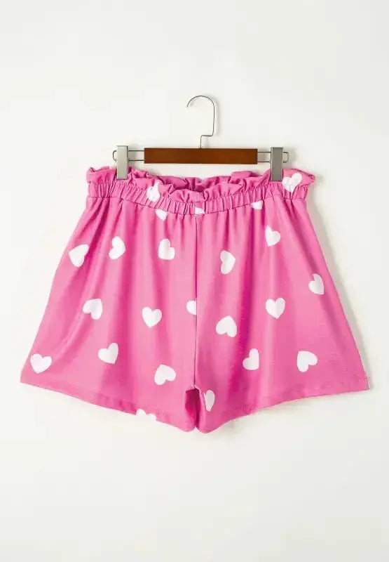 Heart Round Neck Long Sleeve Top and Elastic Waist Shorts Set - Plush Fashion Hub