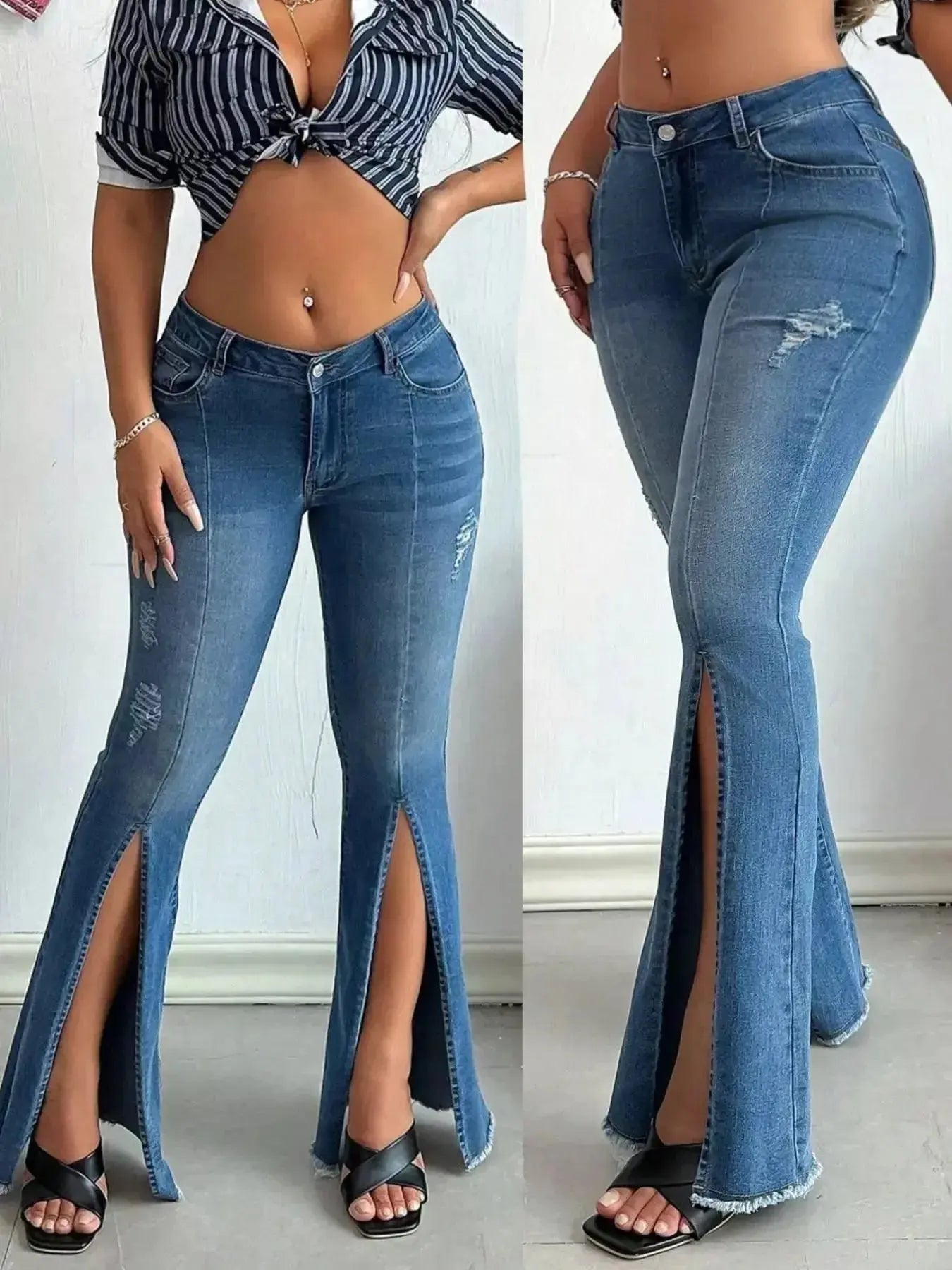 Women’s high-rise distressed slit flare jeans in vintage-inspired denim, featuring a fitted waist and wide leg silhouette.