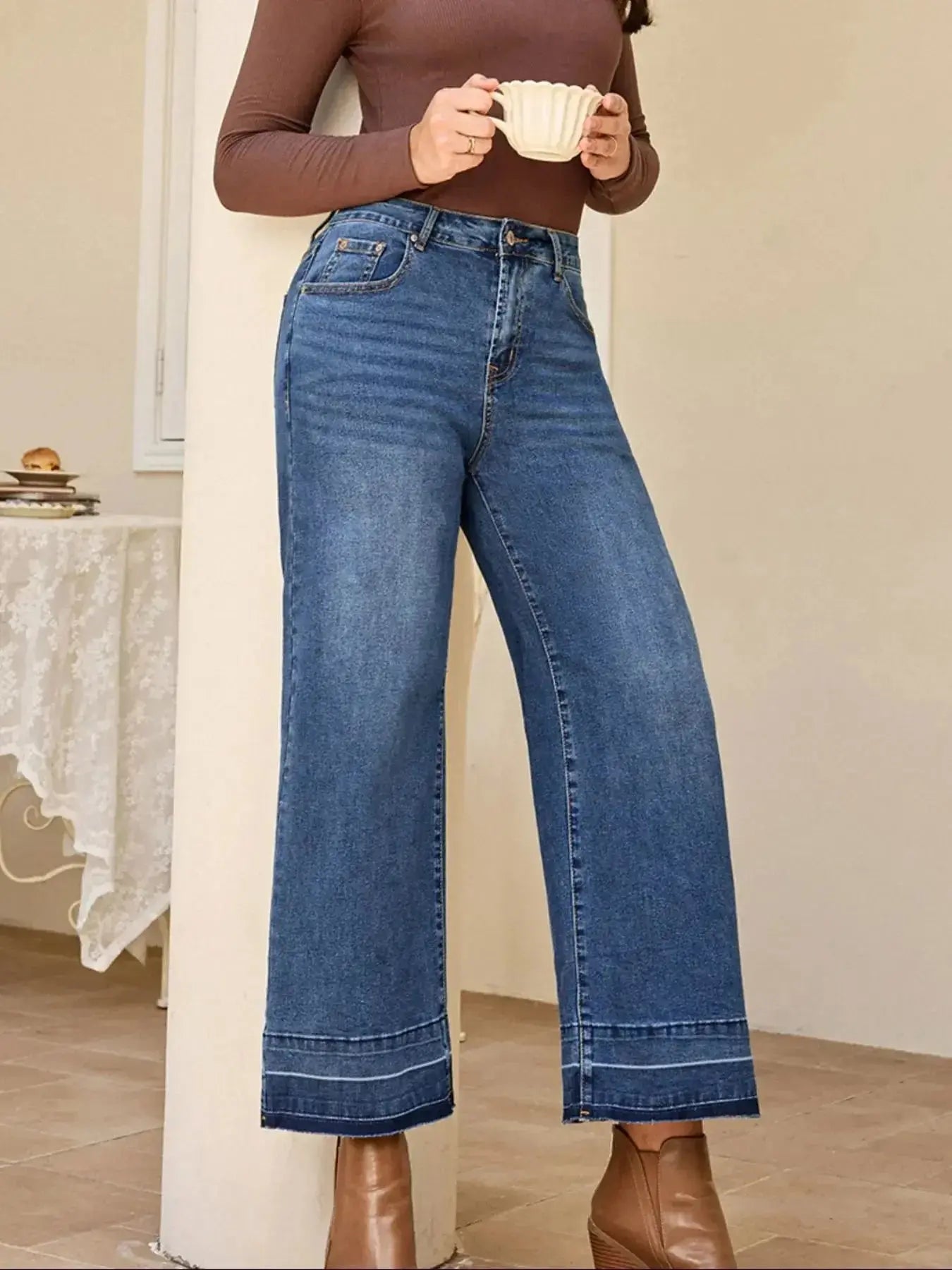 High Waist Wide Leg Washed Jeans - Plush Fashion Hub