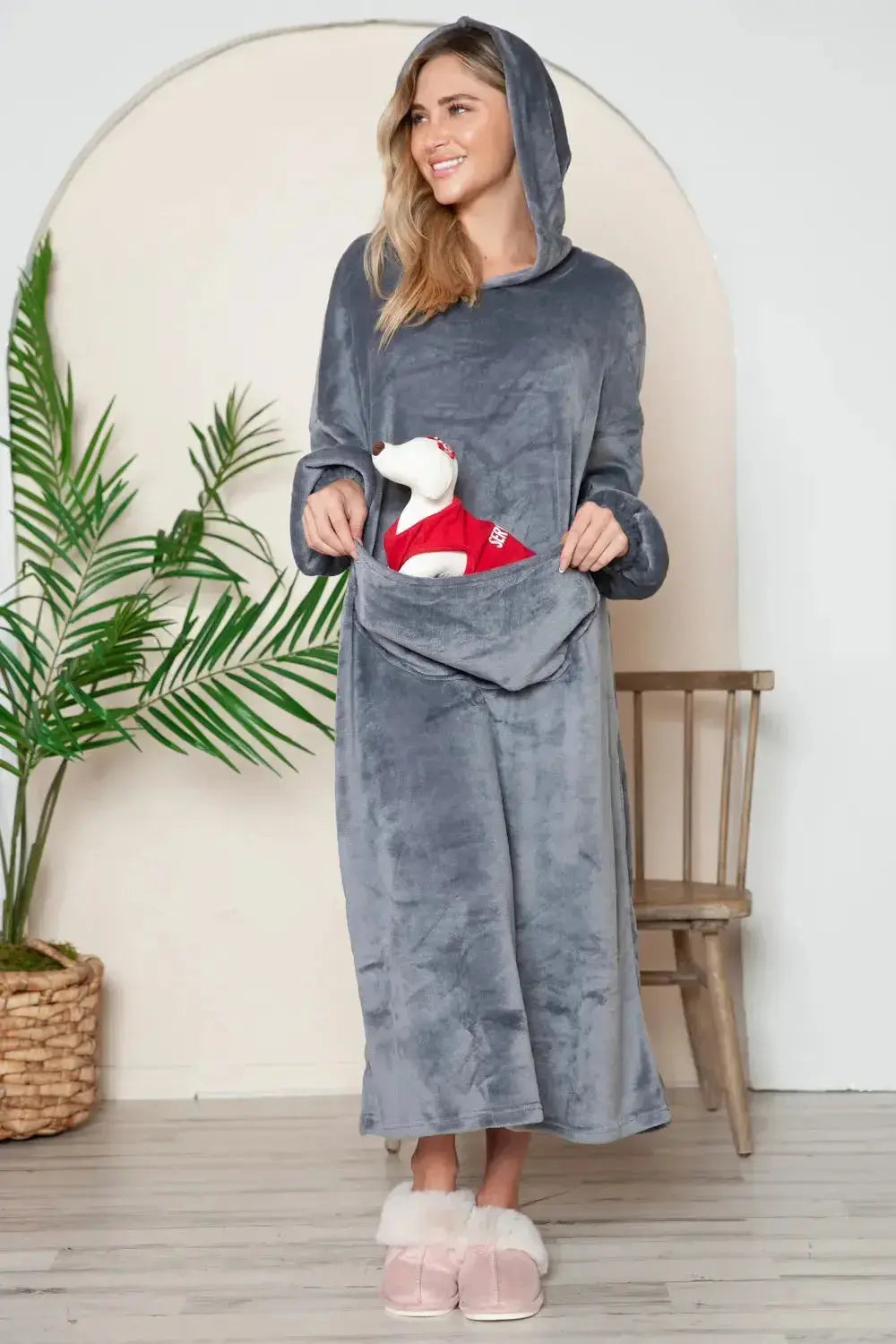 Double Take Full Size Pocketed Hooded Midi Lounge Dress - Plush Fashion Hub
