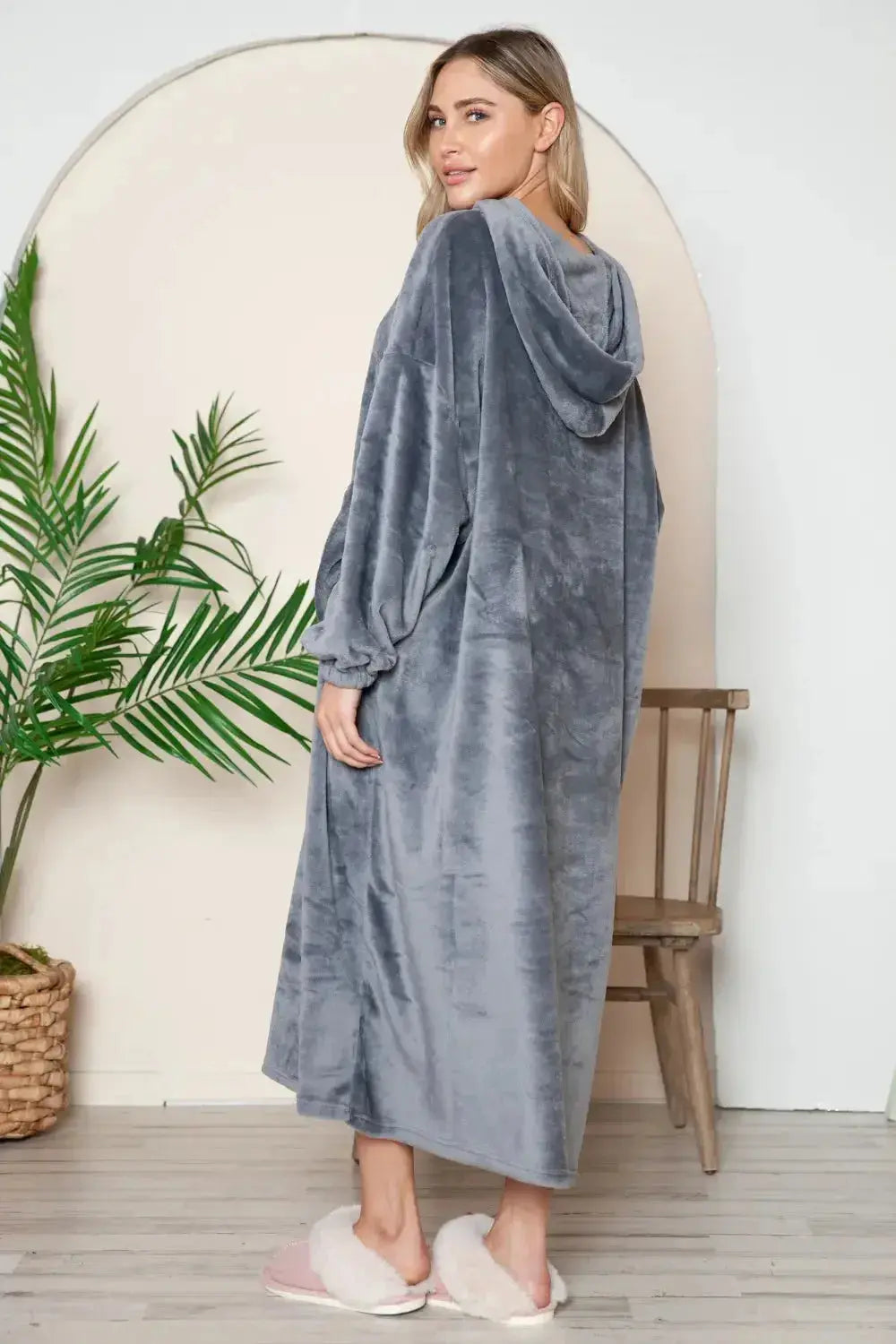 Double Take Full Size Pocketed Hooded Midi Lounge Dress - Plush Fashion Hub