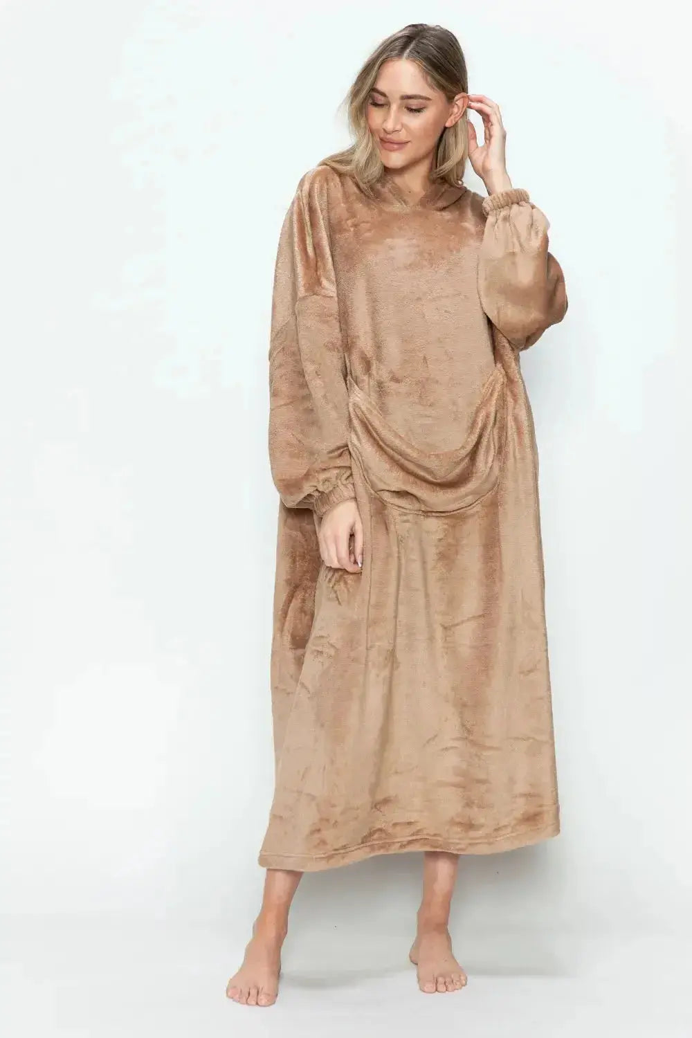 Double Take Full Size Pocketed Hooded Midi Lounge Dress - Plush Fashion Hub