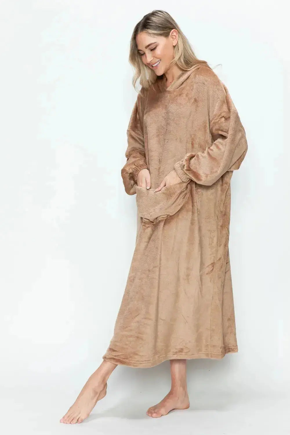 Double Take Full Size Pocketed Hooded Midi Lounge Dress - Plush Fashion Hub