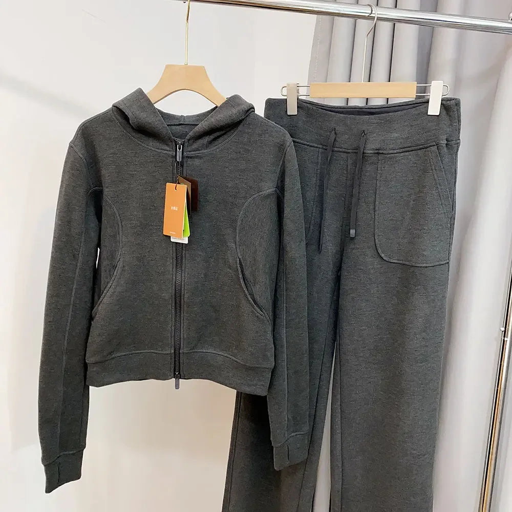 Women's Hooded Sweatshirt Wide-leg Pants Suit - Plush Fashion Hub