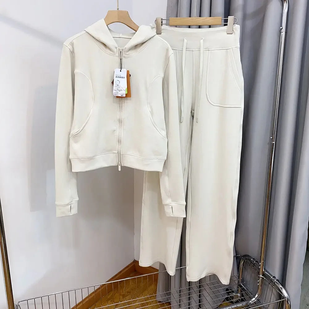 Women's Hooded Sweatshirt Wide-leg Pants Suit - Plush Fashion Hub