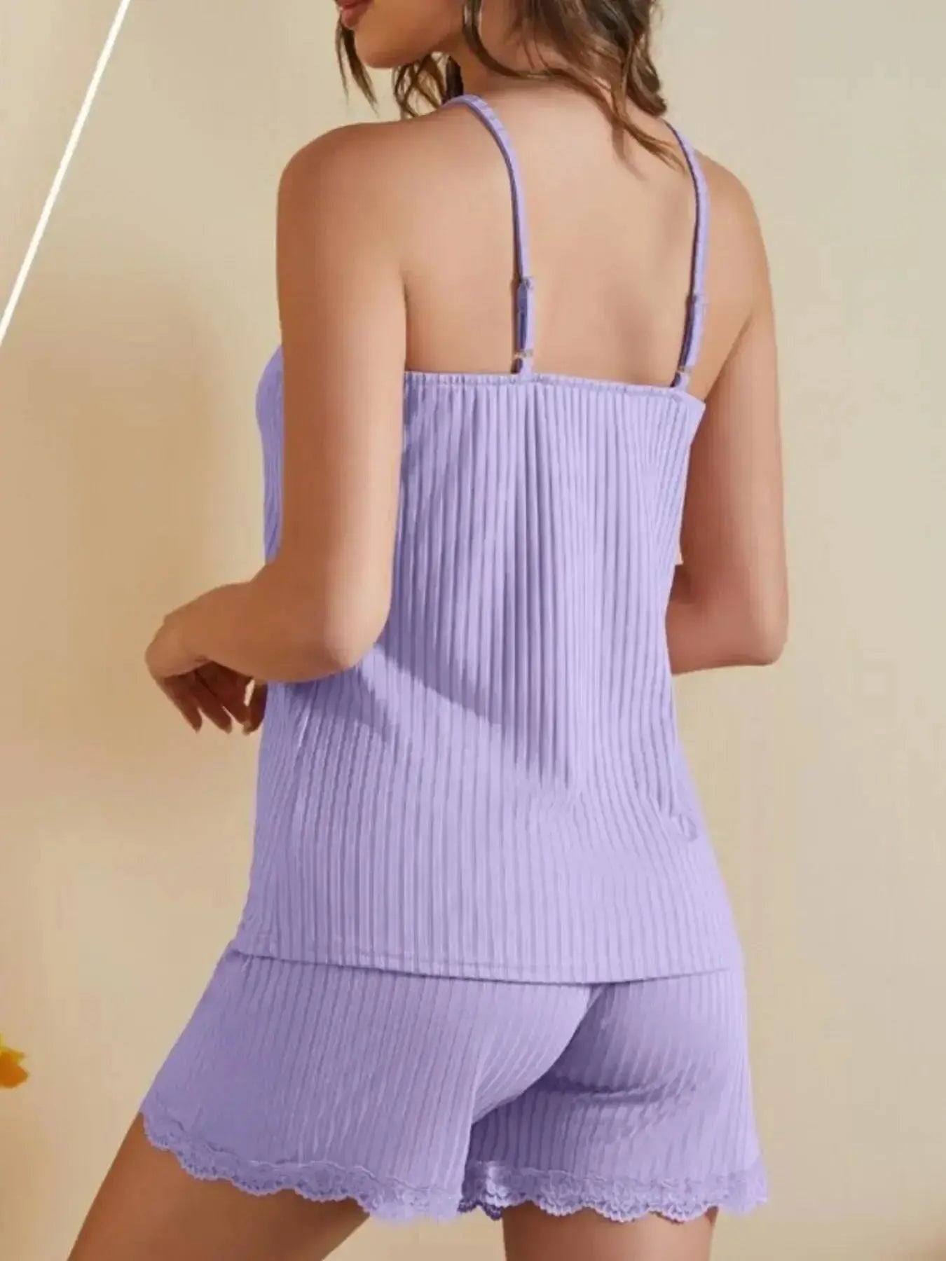 Lace-Trimmed Ribbed Cami and Shorts Lounge Set - Plush Fashion Hub