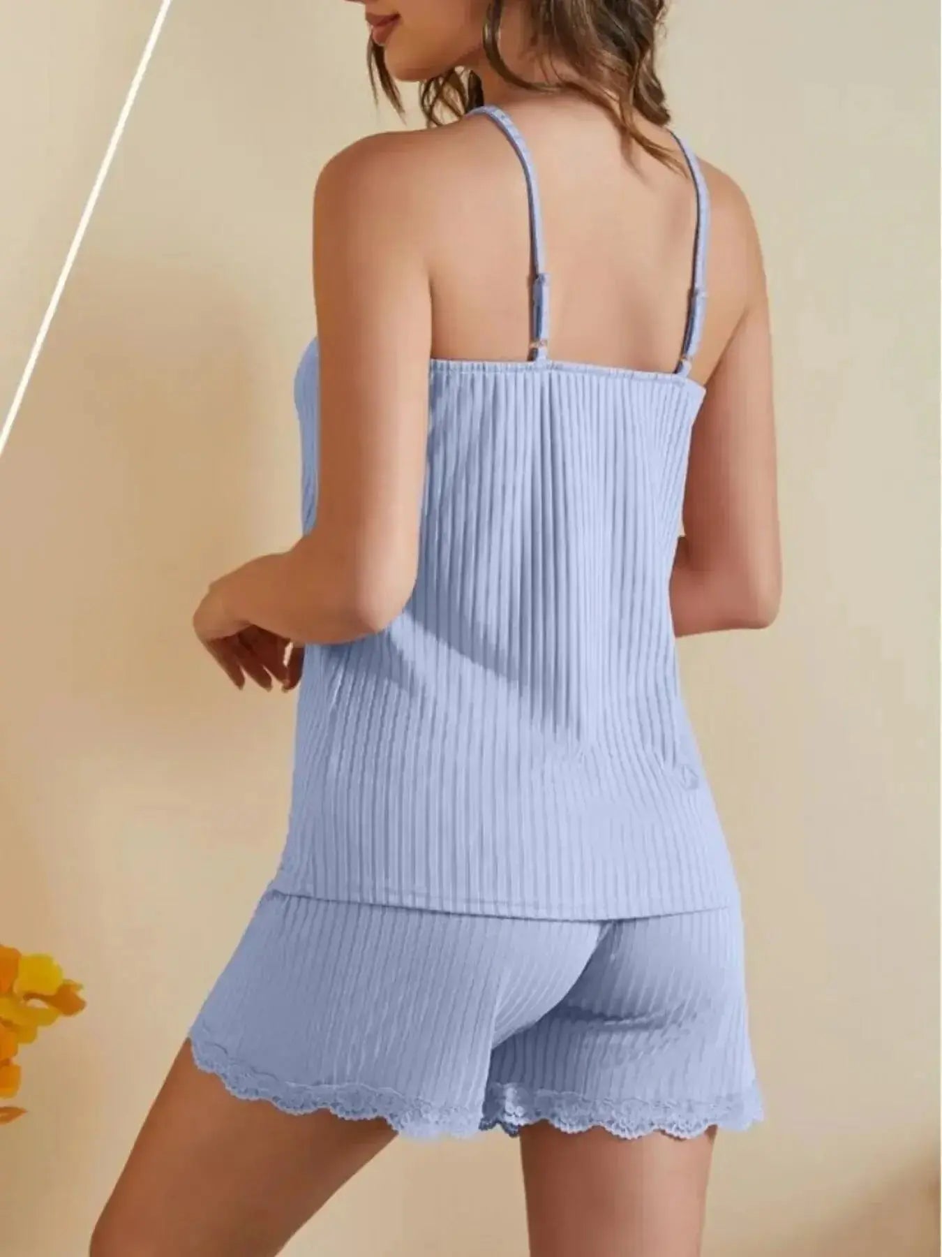Lace-Trimmed Ribbed Cami and Shorts Lounge Set - Plush Fashion Hub