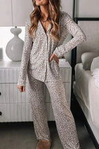 Leopard Button Down Long Sleeve Top and Pants Lounge Set - Plush Fashion Hub