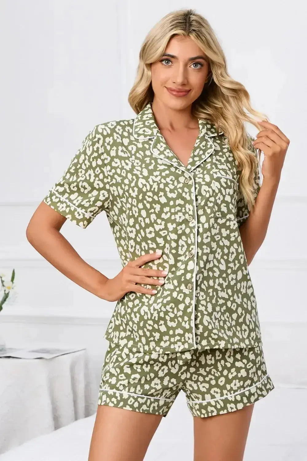 Full Size Leopard Short Sleeve Top and Shorts Lounge Set Plus Size - Plush Fashion Hub