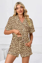 Full Size Leopard Short Sleeve Top and Shorts Lounge Set Plus Size - Plush Fashion Hub