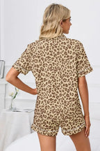 Full Size Leopard Short Sleeve Top and Shorts Lounge Set Plus Size - Plush Fashion Hub