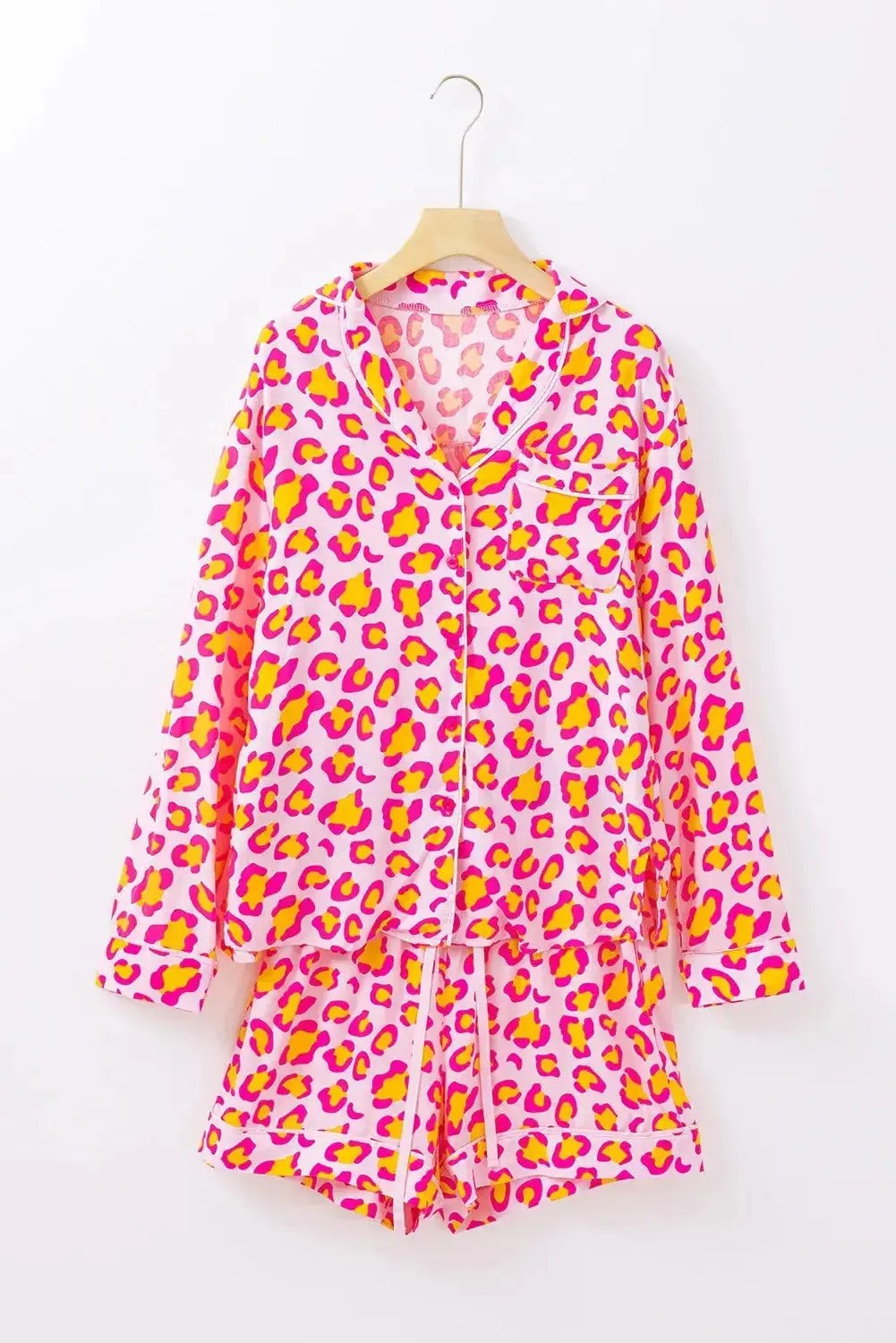 Leopard Collared Neck Long Sleeve Top and Shorts Lounge Set - Plush Fashion Hub