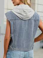 Leopard Button Up Hooded Denim Vest - Plush Fashion Hub