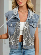 Leopard Button Up Hooded Denim Vest - Plush Fashion Hub