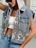 Leopard Button Up Hooded Denim Vest - Plush Fashion Hub