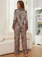 Leopard Button Up Long Sleeve Top and Pants Lounge Set - Plush Fashion Hub