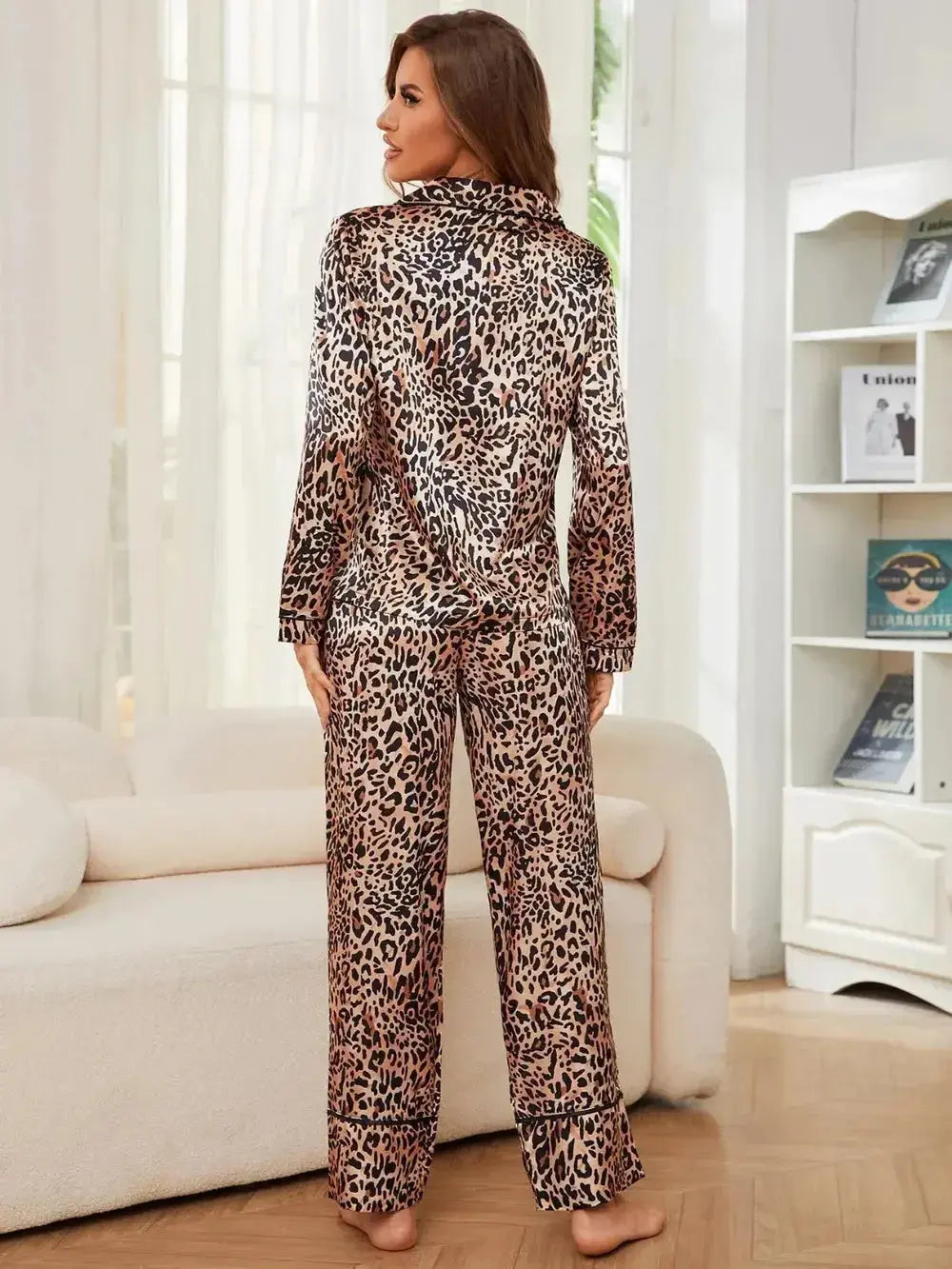 Leopard Button Up Long Sleeve Top and Pants Lounge Set - Plush Fashion Hub