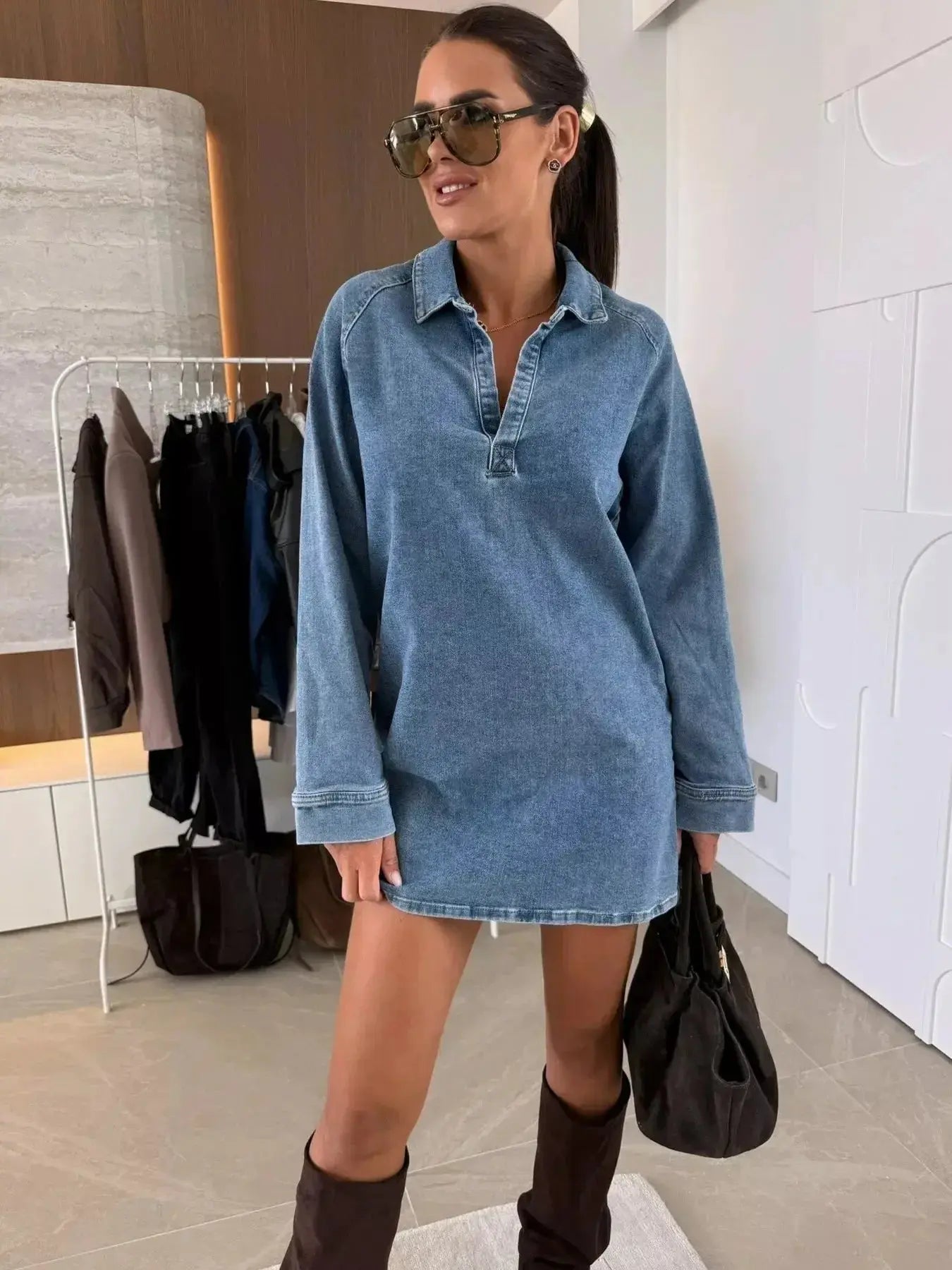 Collared Neck Long Sleeve Denim Dress - Plush Fashion Hub