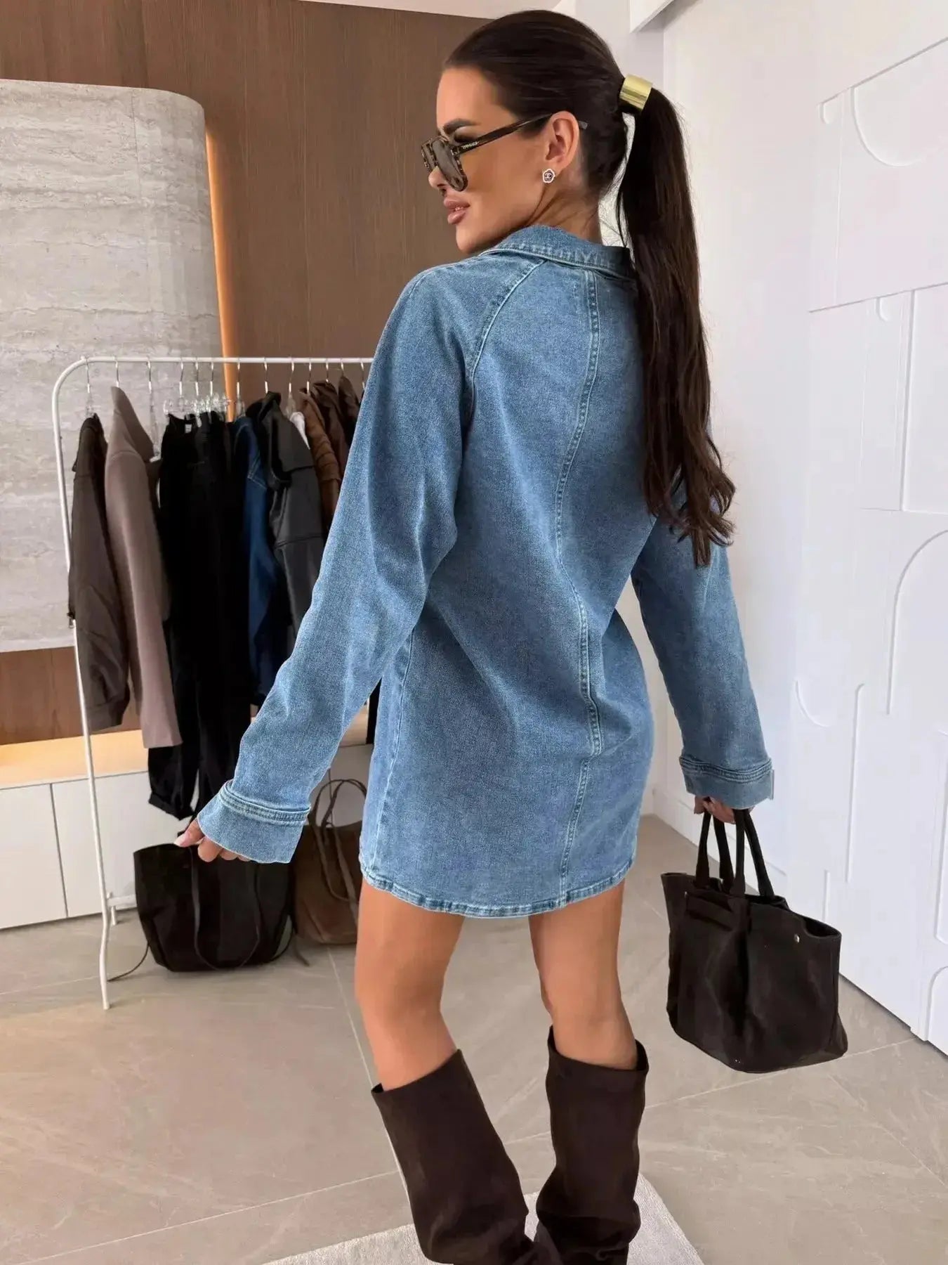 Collared Neck Long Sleeve Denim Dress - Plush Fashion Hub