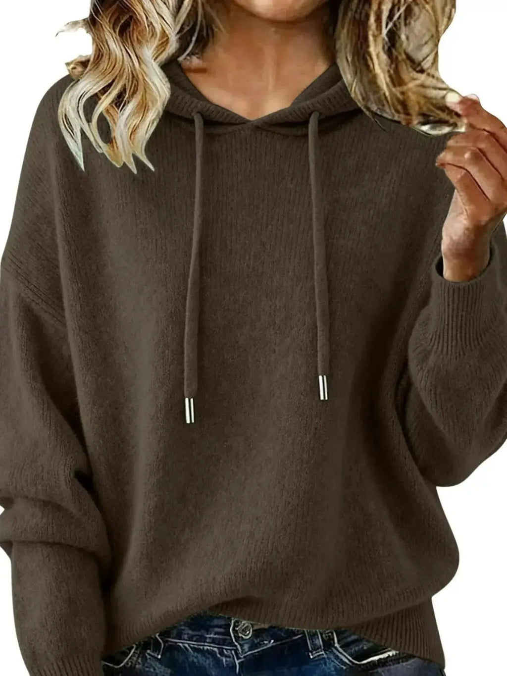 Drawstring Long Sleeve Hooded Sweater - Plush Fashion Hub