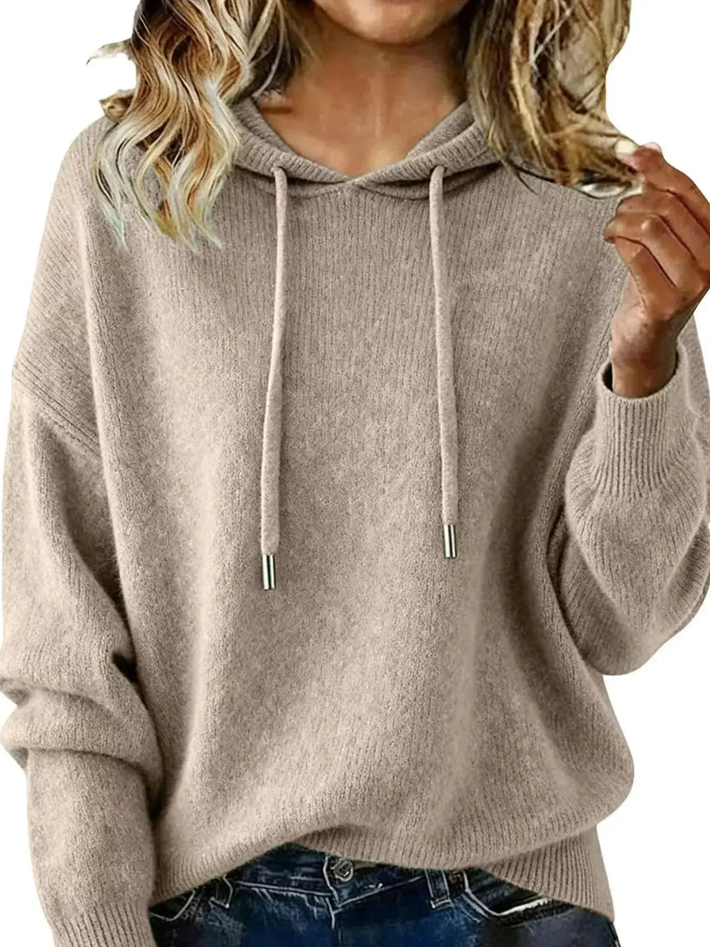 Drawstring Long Sleeve Hooded Sweater - Plush Fashion Hub