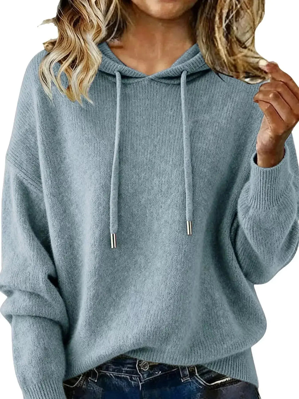 Drawstring Long Sleeve Hooded Sweater - Plush Fashion Hub