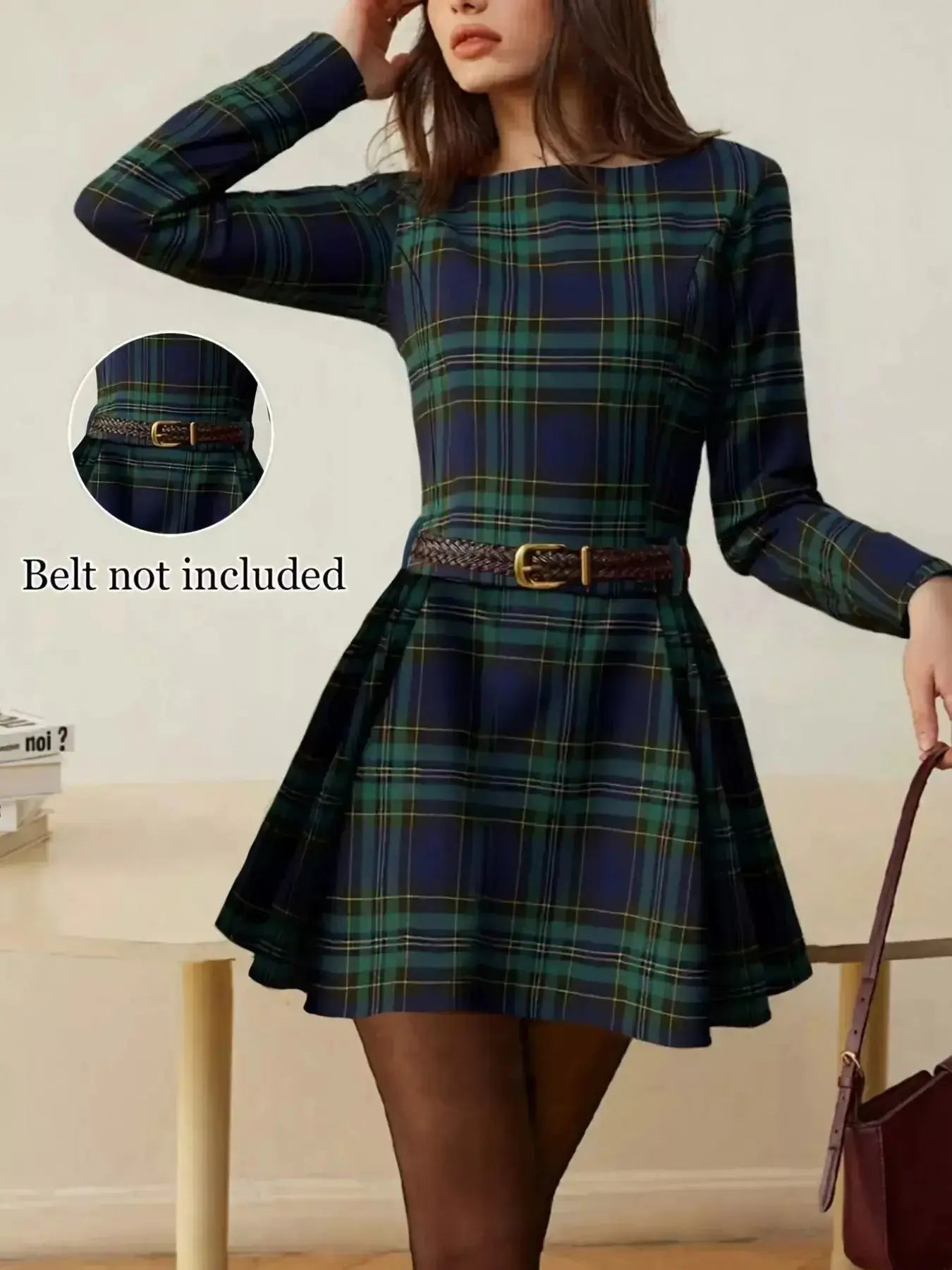 Women’s long sleeve plaid A-line casual dress by Trendsi, lightweight fall fashion with a relaxed fit and classic plaid pattern.
