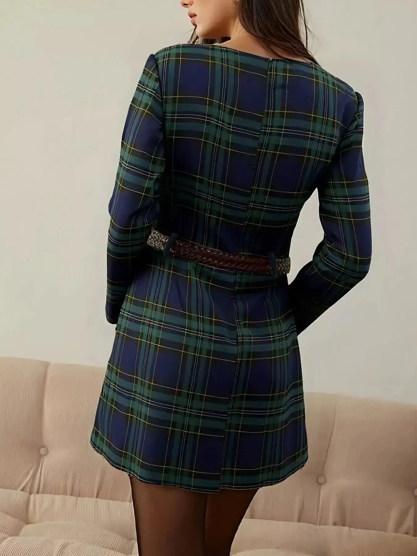 Plaid Print Long Sleeve A-Line Dress - Plush Fashion Hub
