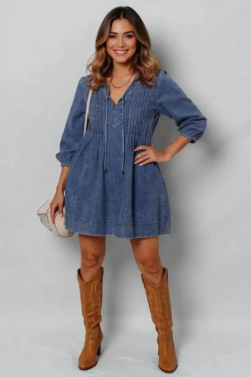 Tie Neck Long Sleeve Mini Denim Dress - Plush Fashion Hub