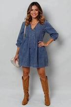 Tie Neck Long Sleeve Mini Denim Dress - Plush Fashion Hub
