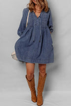 Tie Neck Long Sleeve Mini Denim Dress - Plush Fashion Hub