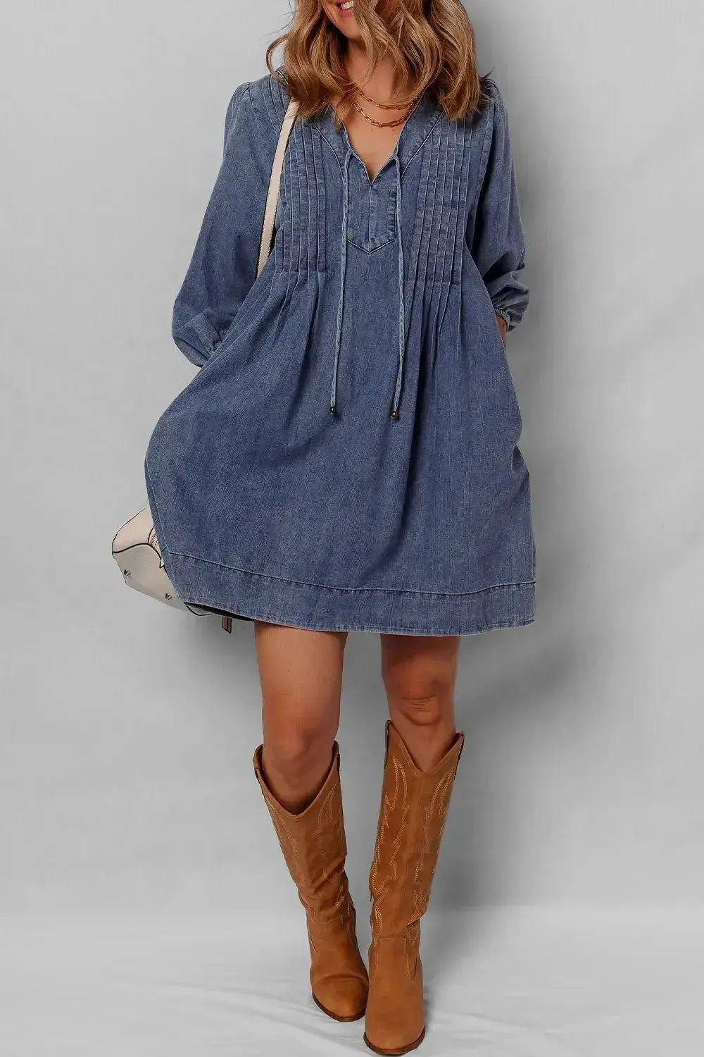 Tie Neck Long Sleeve Mini Denim Dress - Plush Fashion Hub
