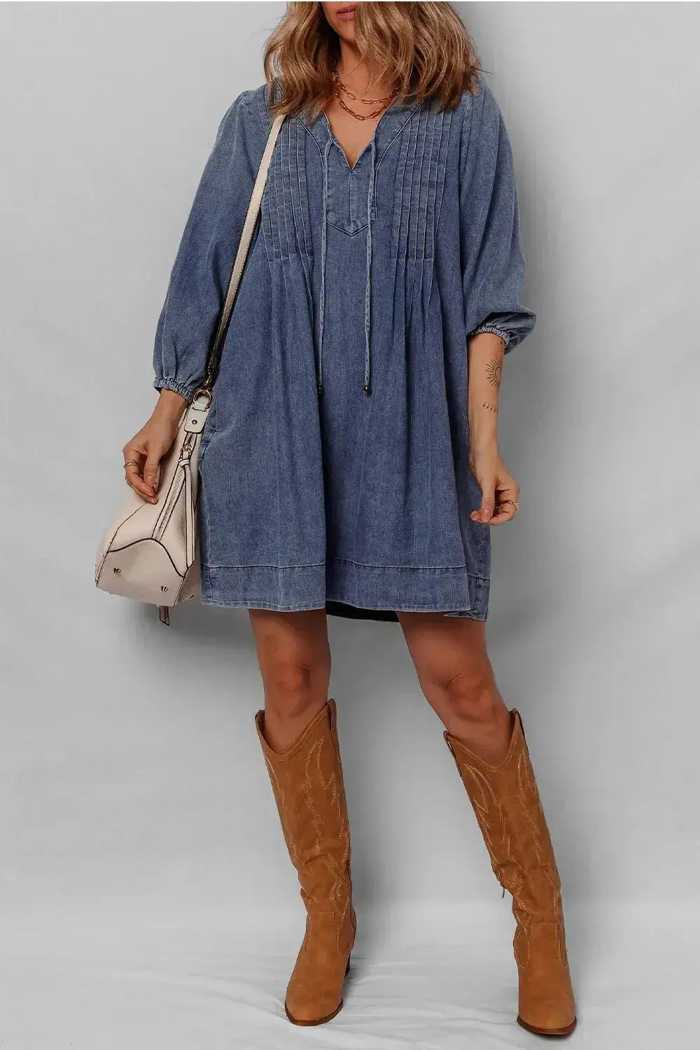 Tie Neck Long Sleeve Mini Denim Dress - Plush Fashion Hub