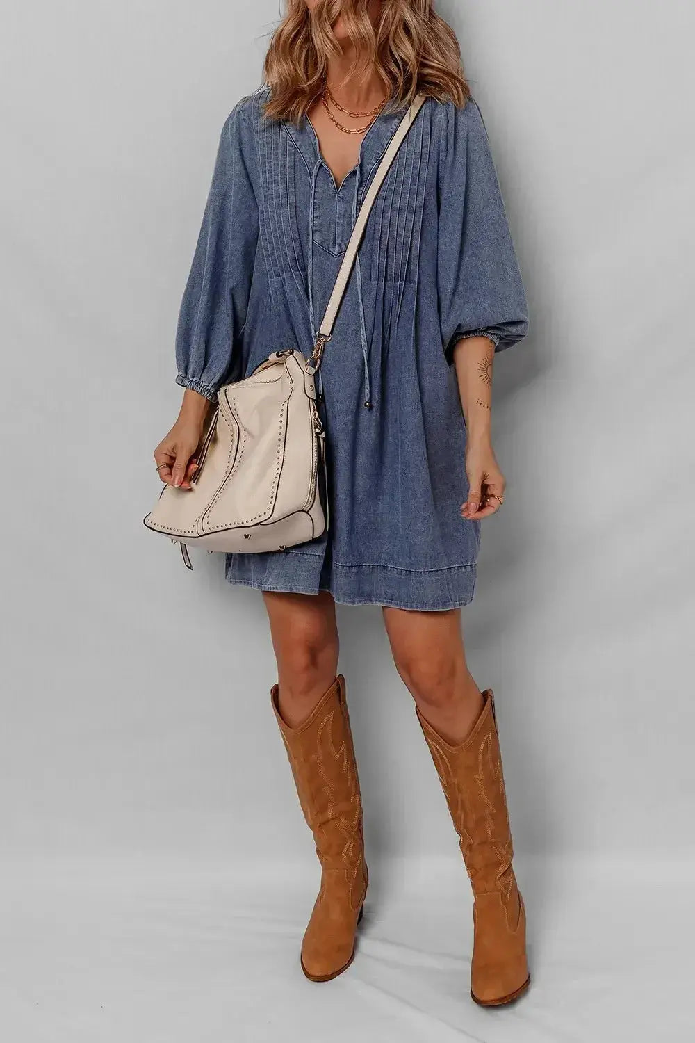 Tie Neck Long Sleeve Mini Denim Dress - Plush Fashion Hub