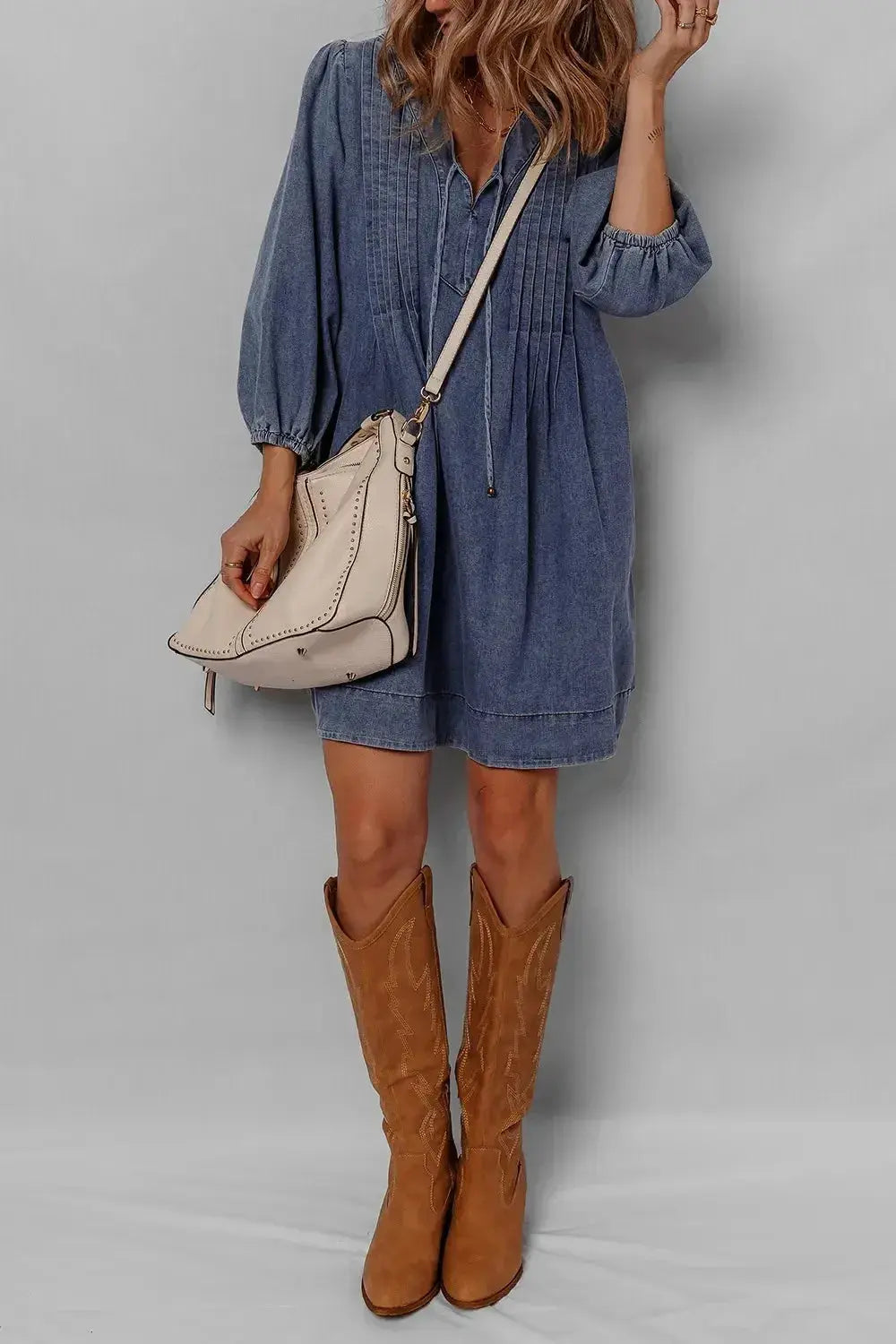 Tie Neck Long Sleeve Mini Denim Dress - Plush Fashion Hub
