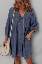 Tie Neck Long Sleeve Mini Denim Dress - Plush Fashion Hub