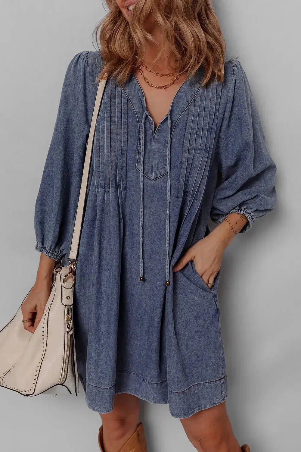 Tie Neck Long Sleeve Mini Denim Dress - Plush Fashion Hub