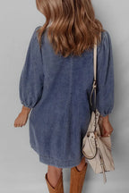 Tie Neck Long Sleeve Mini Denim Dress - Plush Fashion Hub
