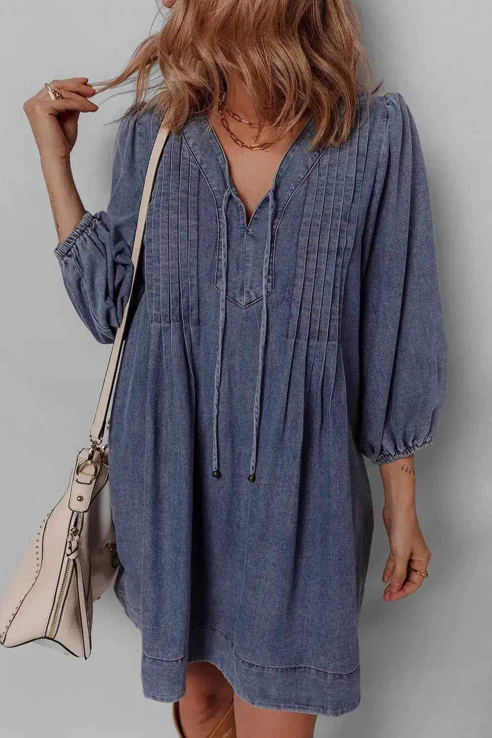 Tie Neck Long Sleeve Mini Denim Dress - Plush Fashion Hub