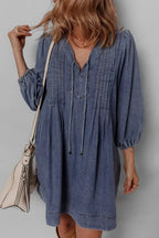 Tie Neck Long Sleeve Mini Denim Dress - Plush Fashion Hub