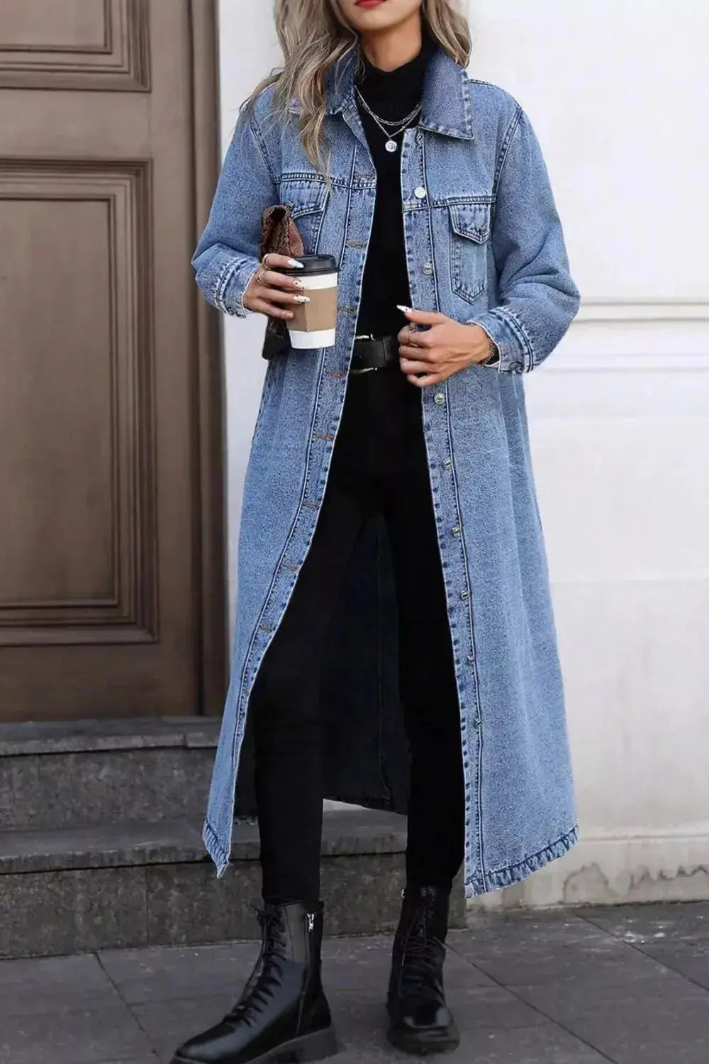 Longline Button-Down Denim Jacket - Plush Fashion Hub