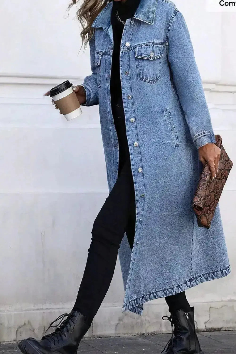 Longline Button-Front Denim Jacket - Plush Fashion Hub