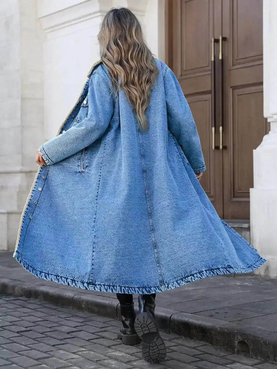 Sherpa Lined Longline Denim Jacket - Plush Fashion Hub