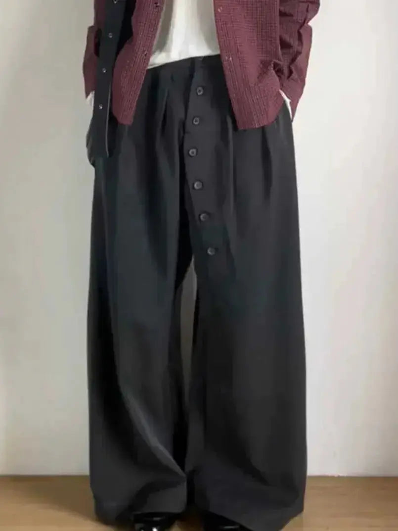 Women’s loose-fit high-waisted trousers with button details from Plush Fashion Hub, stylish long suit trousers for a relaxed look.