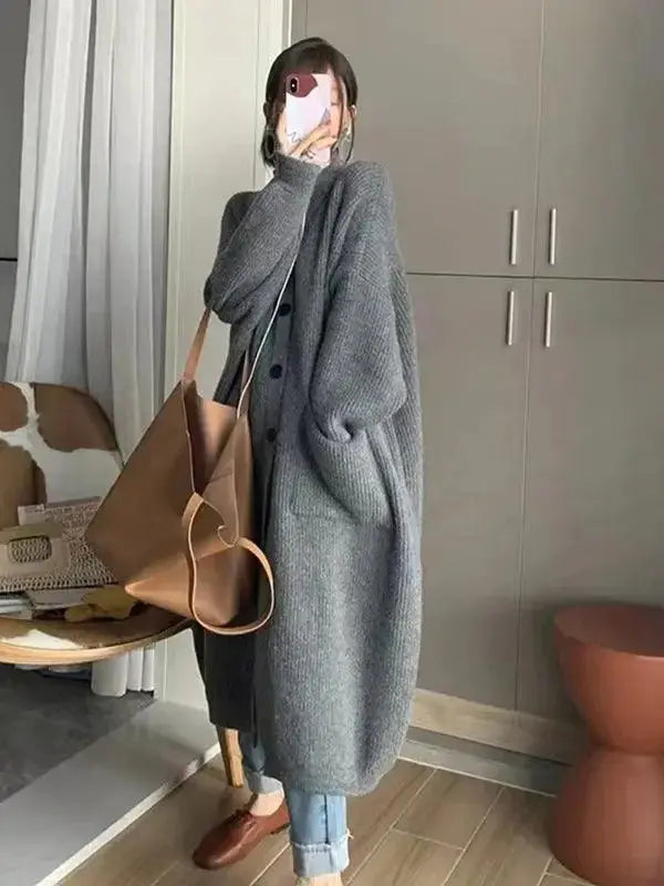 Women’s mid-length solid color turtleneck cardigan sweater with soft wool blend, from Plush Fashion Hub.