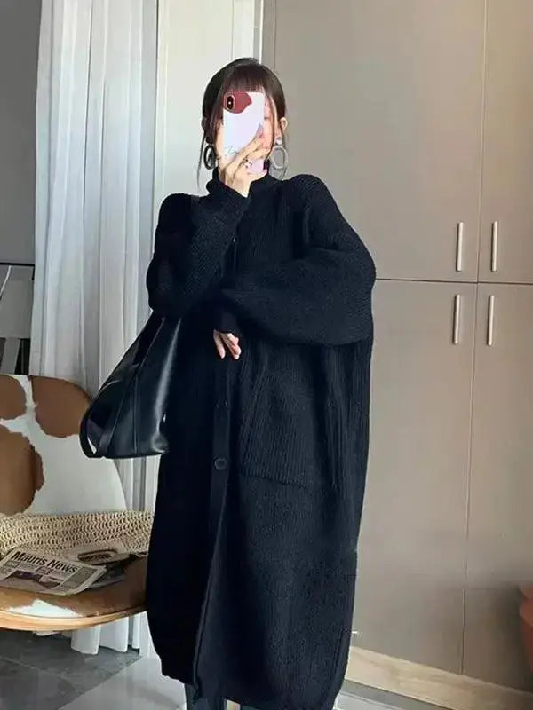 Mid-length solid color turtleneck cardigan sweater for women in soft wool blend by Plush Fashion Hub.
