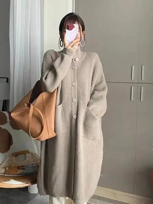 Women’s mid-length solid color turtleneck cardigan coat in soft wool blend by Plush Fashion Hub.