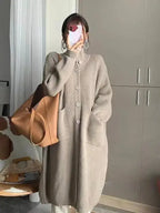 Women’s mid-length solid color turtleneck cardigan coat in soft wool blend by Plush Fashion Hub.