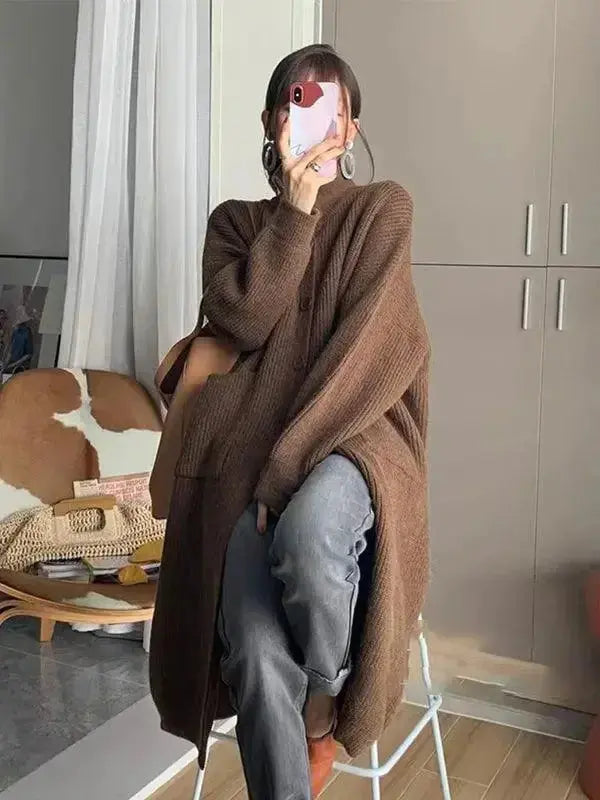 Women’s mid-length solid color turtleneck cardigan coat in soft wool blend by Plush Fashion Hub.