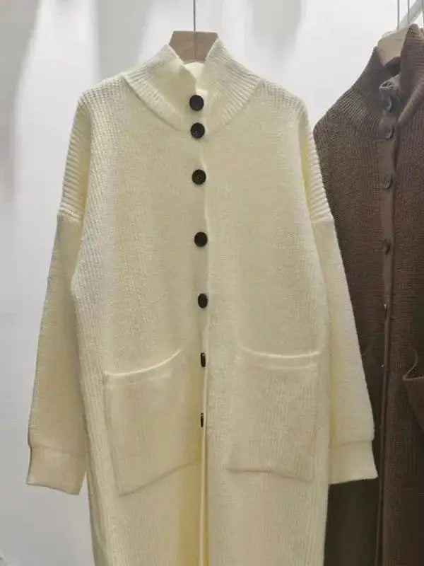 Women’s mid-length solid color turtleneck cardigan sweater with soft wool blend fabric from Plush Fashion Hub.